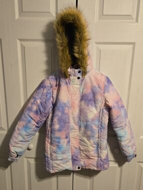 Pulse Pastel Pink & Purple Tie-Dye Puffer Ski Jacket with Faux Fur Hood